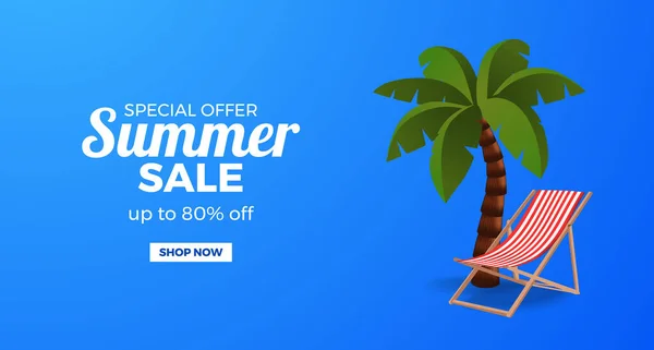 3D插画棕榈树和椅子放松夏季销售提供蓝色背景的促销横幅 — 图库矢量图片