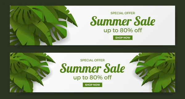 Літній Розпродаж Пропонують Банерне Просування Зеленим Тропічним Листям Концепція Ілюстрації — стоковий вектор