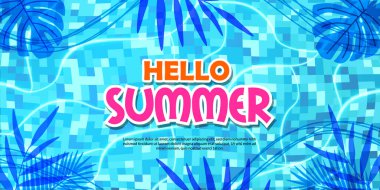 Merhaba yaz afişi poster illüstrasyonu düz uzanın tropikal yapraklar gölge