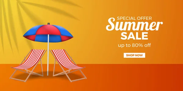 夏季销售提供的横幅促销 与放松折叠的椅子和橙色背景伞 — 图库矢量图片