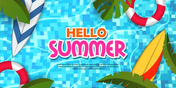 Hola Verano Banner Cartel Piscina Ilustración Plana Laico Relajarse Hojas — Vector de stock