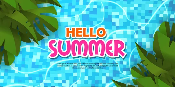 Hello Summer Banner Poster Pool Illustration Flat Lay Relax Green — Stock Vector