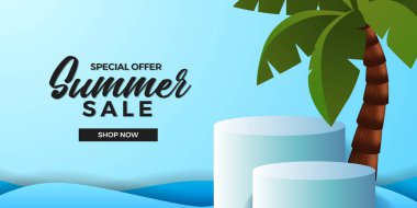 Yaz indirimi, Hindistan cevizi ağacı ve mavi arkaplan dalgalı 3d silindir ürün sergilenen pankart şablonu sunar