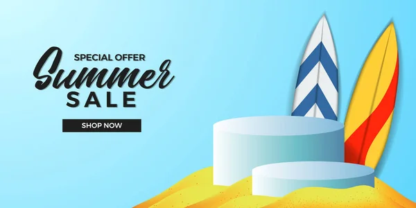 夏季销售提供带有3D圆筒平台产品展示的横幅模板 配有沙滩 冲浪板和蓝色背景 — 图库矢量图片