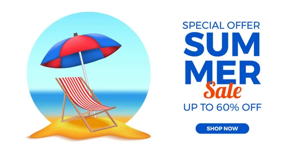 夏季销售提供横幅促销活动 在沙滩上展示折叠椅和雨伞 — 图库矢量图片