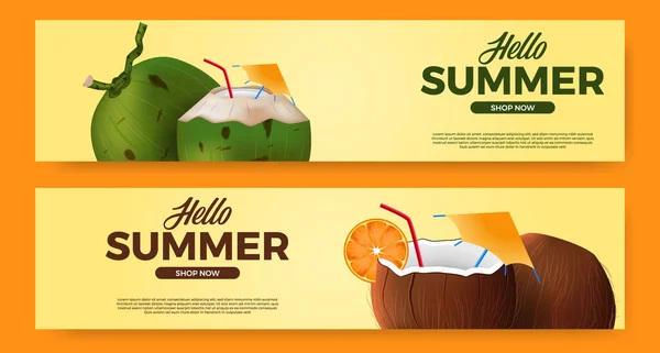 Olá Promoção Banner Verão Com Ilustração Bebida Coco Realista — Vetor de Stock