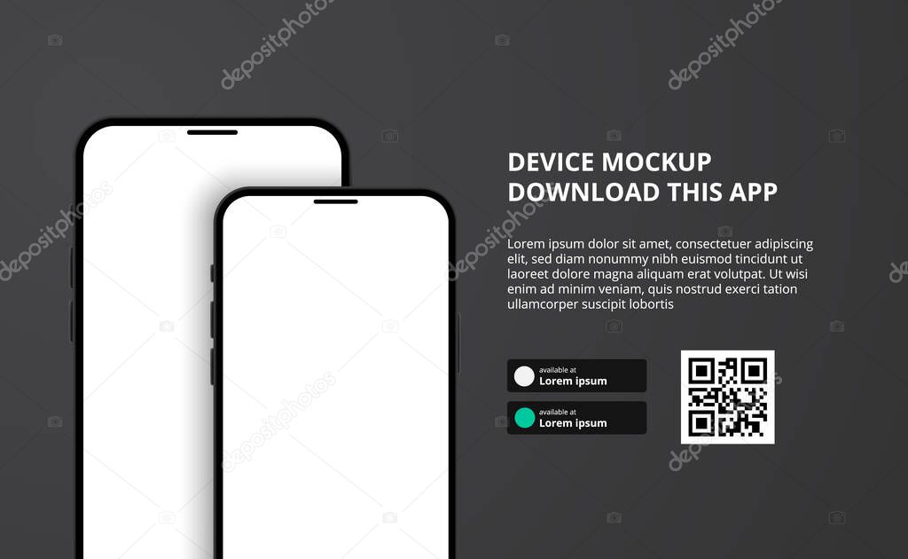 landing page banner advertising for downloading app for mobile phone, 3D double smartphone device mockup dark background. Download buttons with scan qr code template.