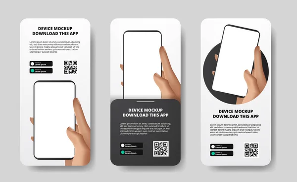 Sosyal medya hikayeleri, cep telefonu uygulaması indirme reklamları, el ele tutuşmalar akıllı telefon. Tarayıcı QR kod şablonuyla düğmeleri indir. 3B perspektif telefonu