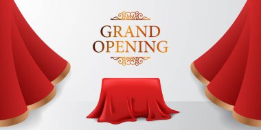 Beyaz arka plan ve altın metin ile kumaş kapak illüstrasyon açık kırmızı ipek perde ile şık lüks büyük açılış afiş