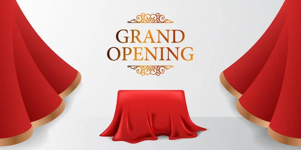 Elegante Luxe Grote Opening Poster Banner Met Rode Zijde Gordijn — Stockvector