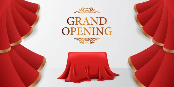 Elegante Luxe Grote Opening Poster Banner Met Rode Zijde Gordijn — Stockvector