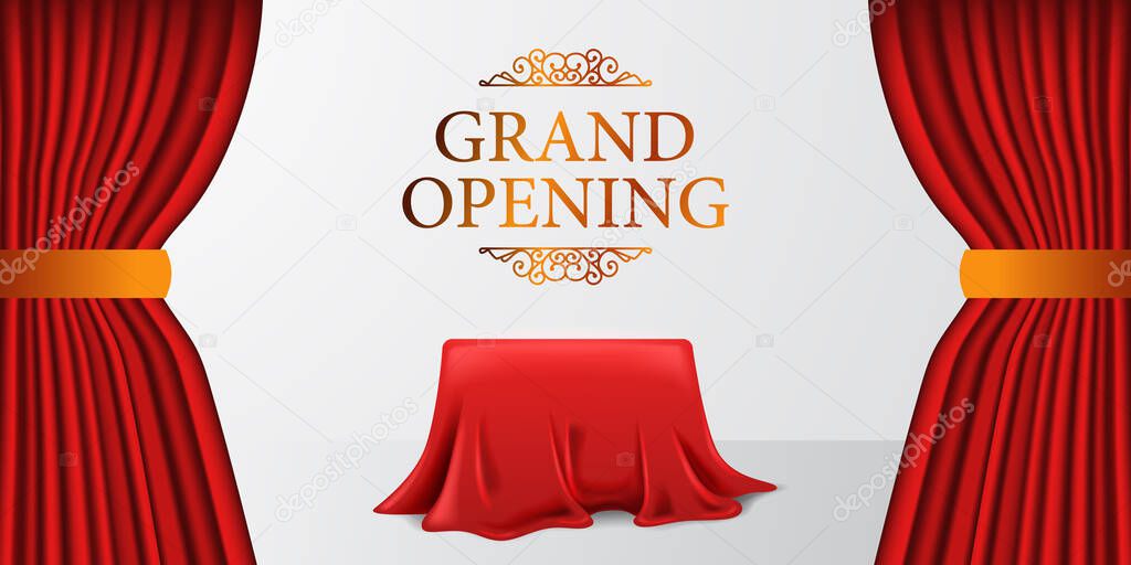 Grand Opening royal elegant surprise with satin fabric cloth curtain and cover box with white background