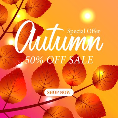 Sonbahar indirimi canlı renkte ve ağaç yapraklı poster şablonu sunar