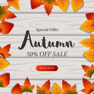 Sonbahar yaprakları çerçeve ile ahşap arkaplan satışı afiş sunar