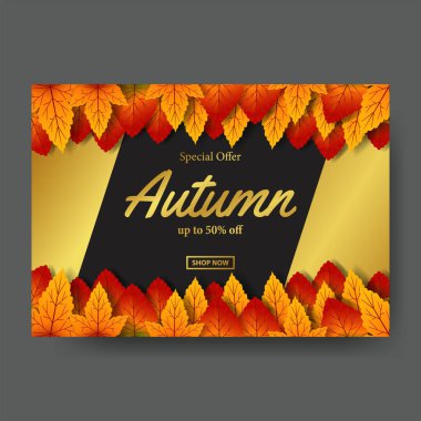 Sonbahar yaprakları indirimi, yapraklı ve altın elementli siyah arka planlı poster tanıtım etkinliği şablonu sunar