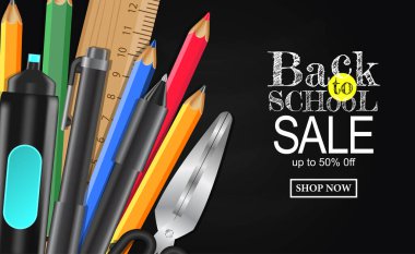 Okul satışına hoş geldiniz. Kırtasiye, makas, cetvel, kalem ve siyah arka planlı özel pankart. Poster, broşür, terfi. Vektör illüstrasyonu