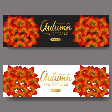 Sonbahar yaprakları ağaç satışı altın metin ve siyah beyaz arkaplan ile pankart şablonu sunar