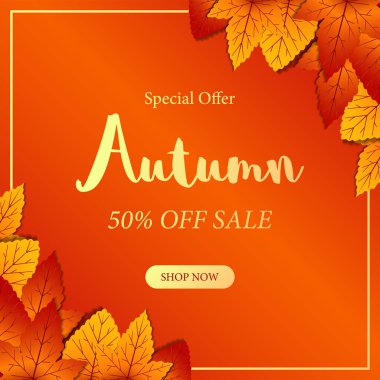 Sonbahar yapraklarının çerçevesi turuncu renkli satışta afiş sunuyor