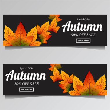 Sonbahar yaprakları satışı siyah arkaplan ve beyaz metin ile pankart şablonu sunar