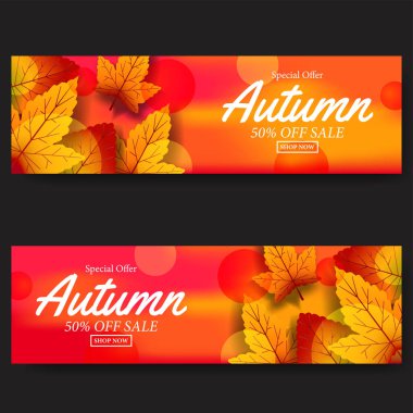 Sonbahar yaprakları satışı kırmızı turuncu arka planlı pankart şablonu sunar