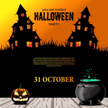 Cadılar Bayramı partisi davetiye şablonu, resimli korkunç ev, Jack O fener ve saksıda iksir.