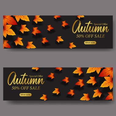 Sonbahar yaprakları satışı siyah arkaplan ve altın metin ile pankart şablonu sunar
