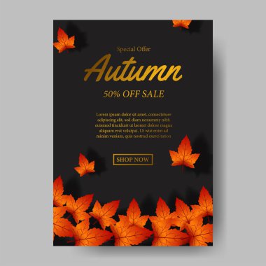 Sonbahar yaprakları satışı siyah arkaplan ve altın metin ile poster tanıtım şablonu sunar