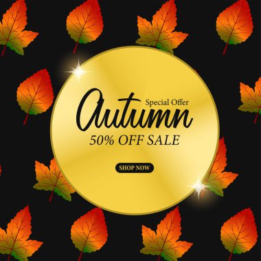 Sonbahar yaprakları satışı altın elementli pankart şablonu sunar