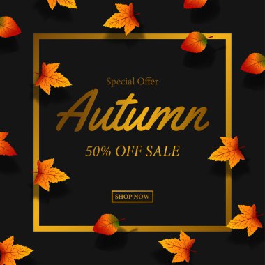 altın rengi sonbahar yaprakları indirimde siyah renkli pankart şablonu sunar
