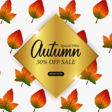 Sonbahar yaprakları satışı altın elementli pankart şablonu sunar