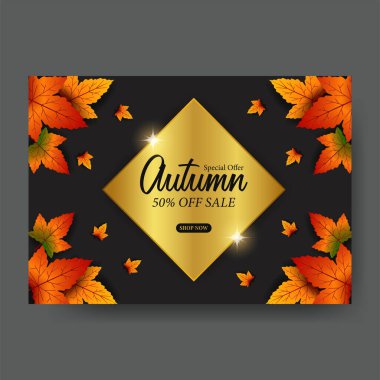 Sonbahar sonbahar yaprakları indirimli metal altın elementi ve siyah arkaplan içeren poster tanıtım şablonu sunar