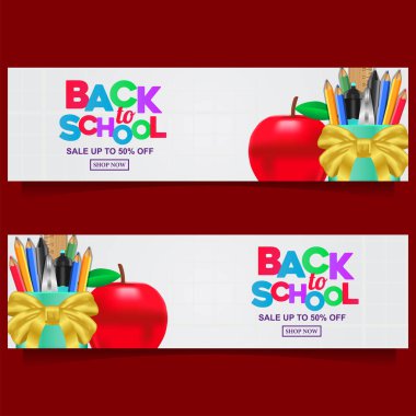 Okulun renkli afiş şablonuna sabit elma, kalem kutusu, makas, kalem, beyaz arkaplan ile altın kurdele