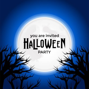 Cadılar Bayramı için davetiye pankartı. İçinde dolunay, mavi gökyüzü ve siluet tüyler ürpertici ağaç resmi var.