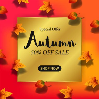 Sonbahar yaprakları satışı altın elementli pankart şablonu sunar