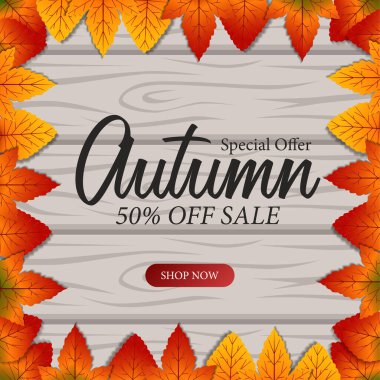 Sonbahar yaprakları çerçeve ile ahşap arkaplan satışı afiş sunar