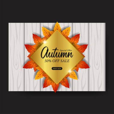 Sonbahar yaprakları satışı, metal altın ve ahşap arka planlı poster tanıtım şablonu sunar