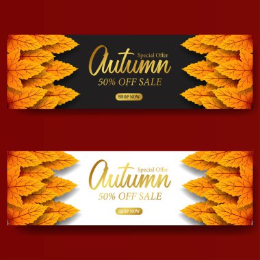 Sonbahar yaprakları çerçeve satışı siyah beyaz arkaplan ve altın metin ile pankart şablonu sunar