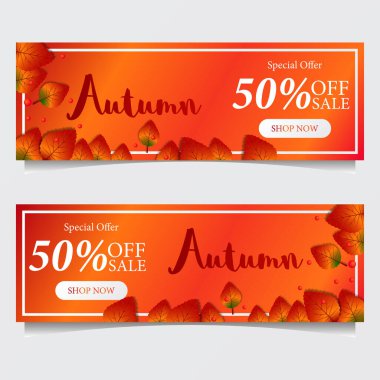 Sonbahar yaprakları satışı kırmızı ve turuncu arka planlı pankart şablonu sunar