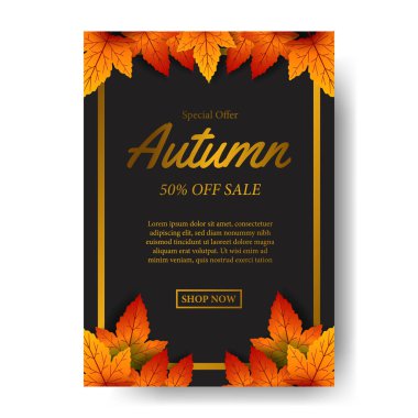 Sonbahar yaprakları satışı, altın çerçeveli ve siyah arkaplanlı poster tanıtım şablonu sunar