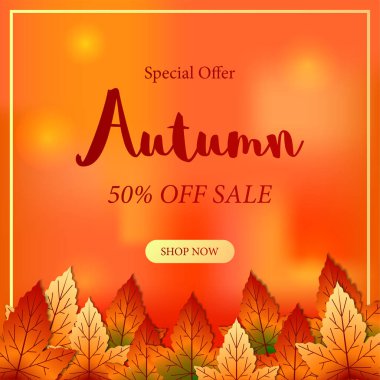 Sonbahar yapraklarının çerçevesi turuncu renkli satışta afiş sunuyor