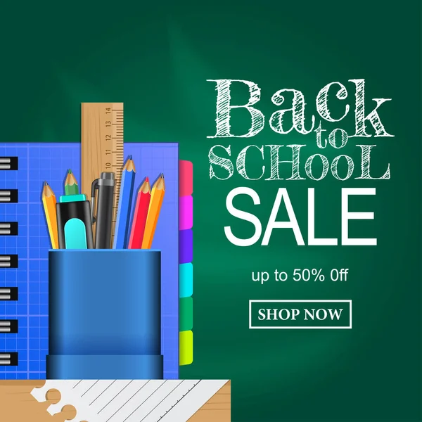 Welcome Back School Sale Offer Template Blue Pencil Case Stationary — 스톡 벡터
