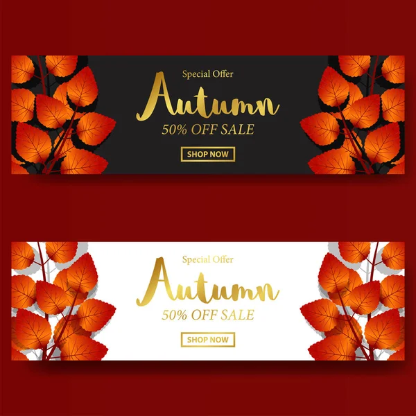 Automne Automne Feuilles Vente Offre Bannière Modèle Avec Fond Noir — Image vectorielle