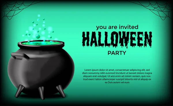 Invitación Fiesta Halloween Con Poción Verde Olla Con Fondo Verde — Vector de stock