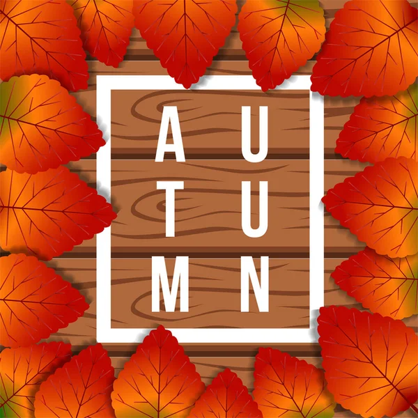 Autunno Autunno Lascia Cornice Modello Biglietto Auguri Con Sfondo Legno — Vettoriale Stock