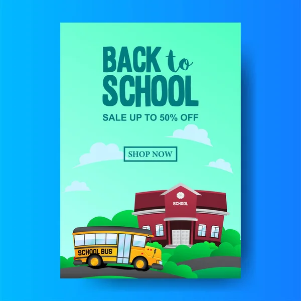 Back School Sale Offer Promotion Bus School Building Landscape Cartoon — 스톡 벡터