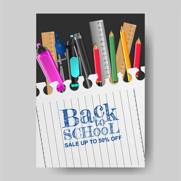 Back School Sale Offer Banner Ink Paper Texture Stationary Pencil — 스톡 벡터