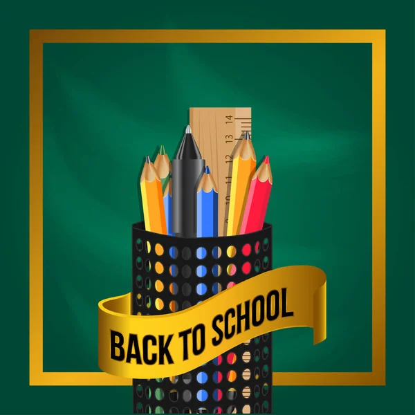 欢迎带着固定铅笔 带绿色黑板金色彩带的黑色铅笔盒返校 矢量说明 — 图库矢量图片