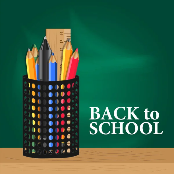 Welcome Back School Stationary Pen Ruler Color Pencil Case Table — 스톡 벡터