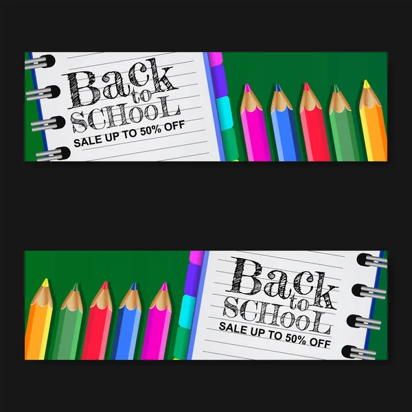 Volver Venta Escuela Banner Con Lápiz Color Estacionario Con Cuaderno — Vector de stock