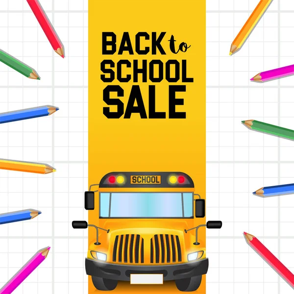 Welcome Back School Kids School Bus Yellow Front View Pencil — 스톡 벡터